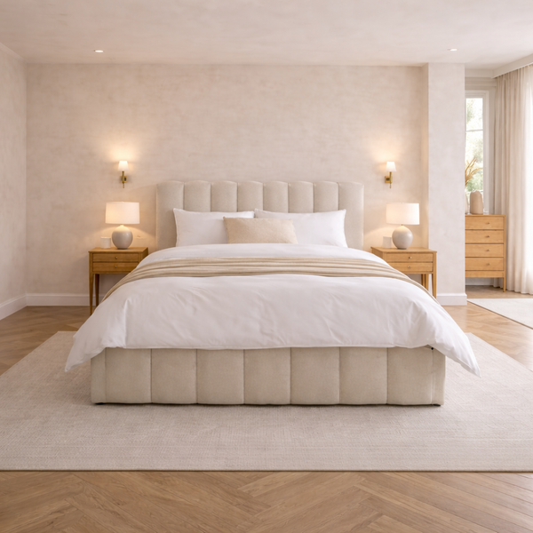 Jaasiel Beige Linen Ottoman Bed with Pillow Headboard - Dune