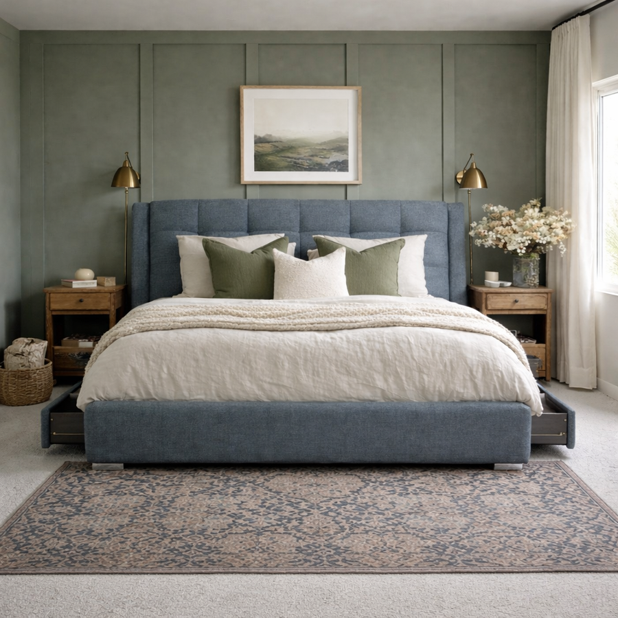 Upholstered divan bed with storage base