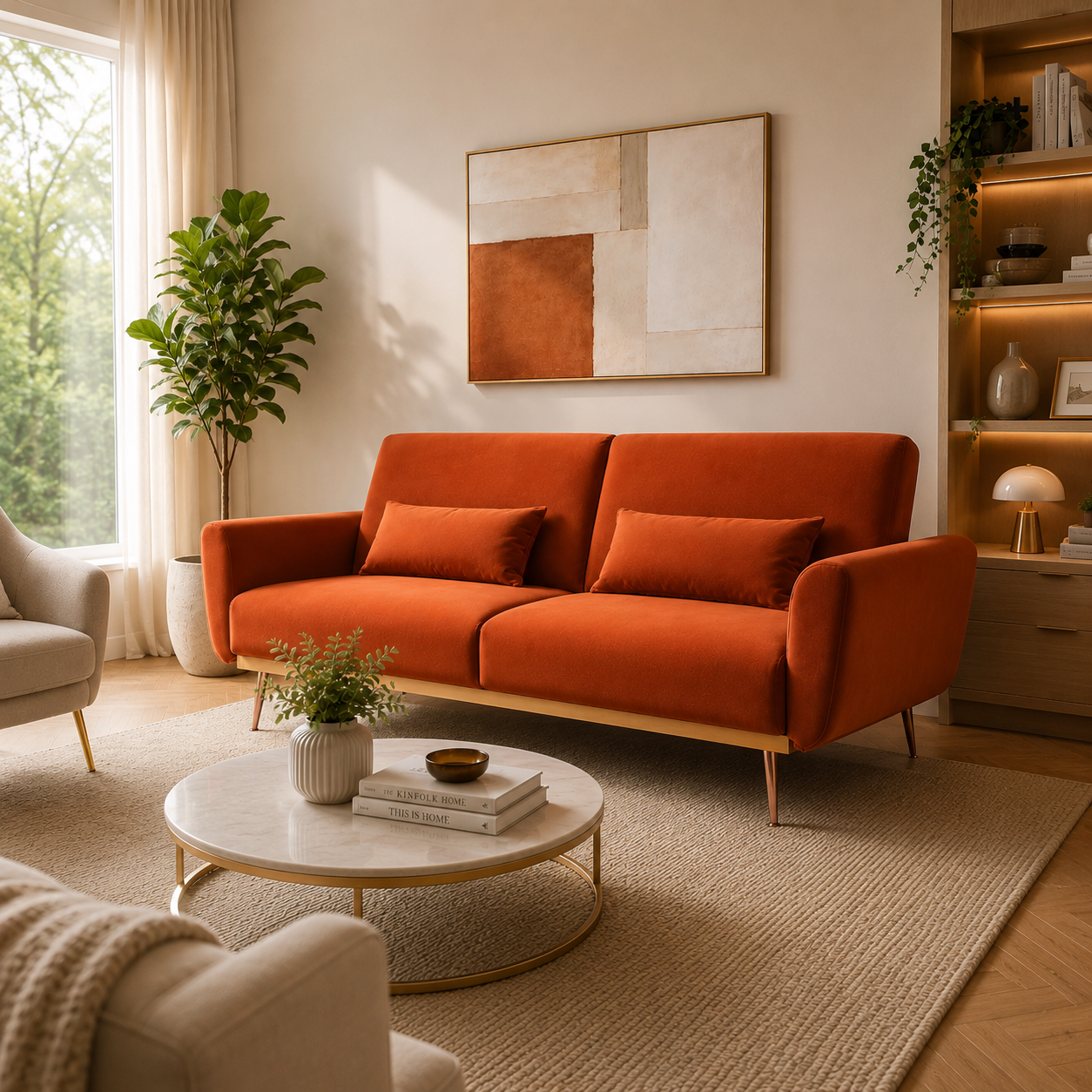 2 Seater Eva Burnt Orange Velvet Sofa Bed