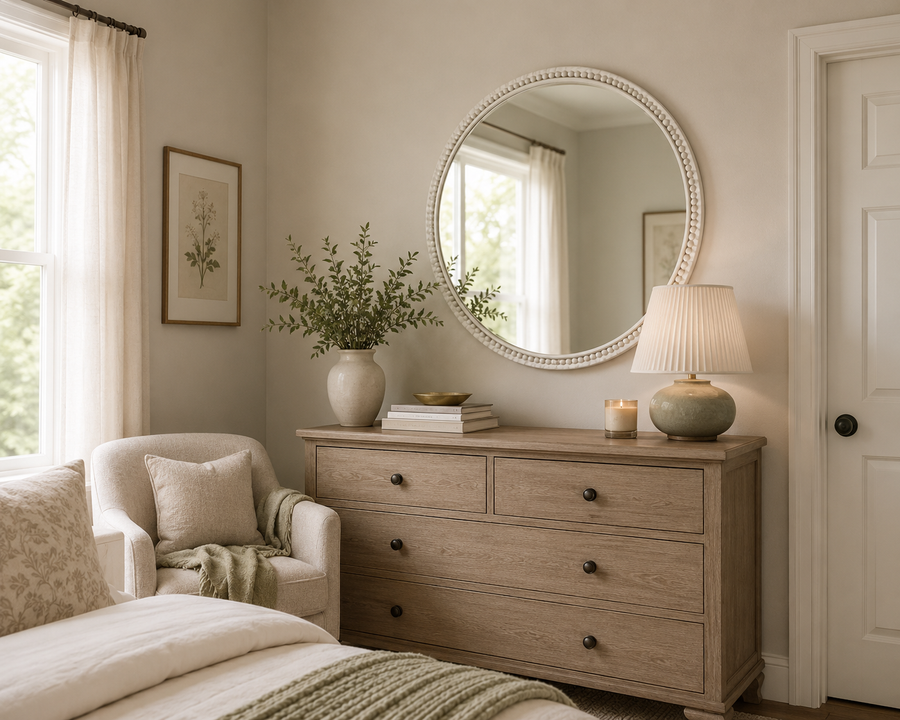 Bernett Washed Wood Beaded Wall Mirror Rustic Mirror
