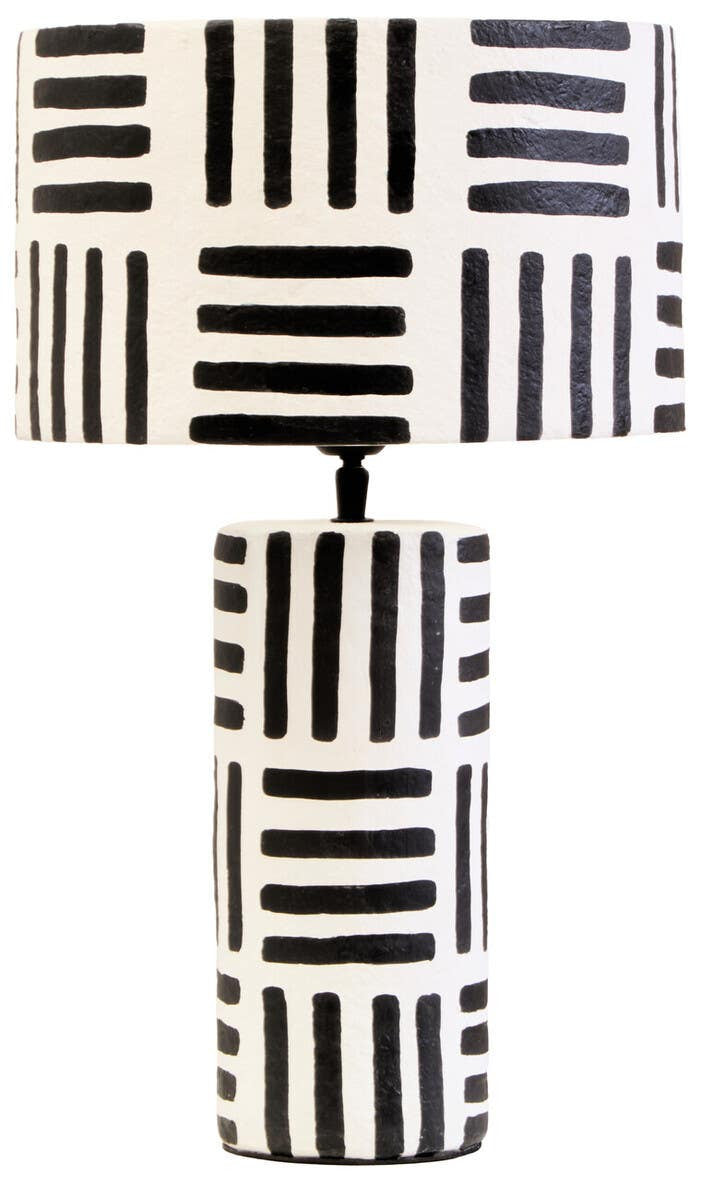 Eva Black And White Papier Mache Table Lamp with Geometric Lines