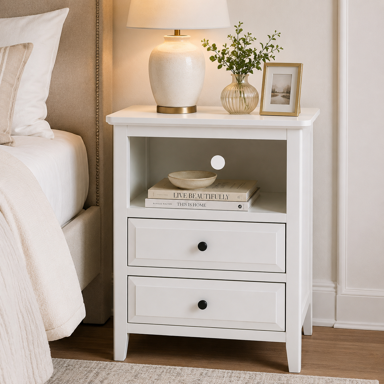 Classic James Two Drawer White Finish Wood Side Table