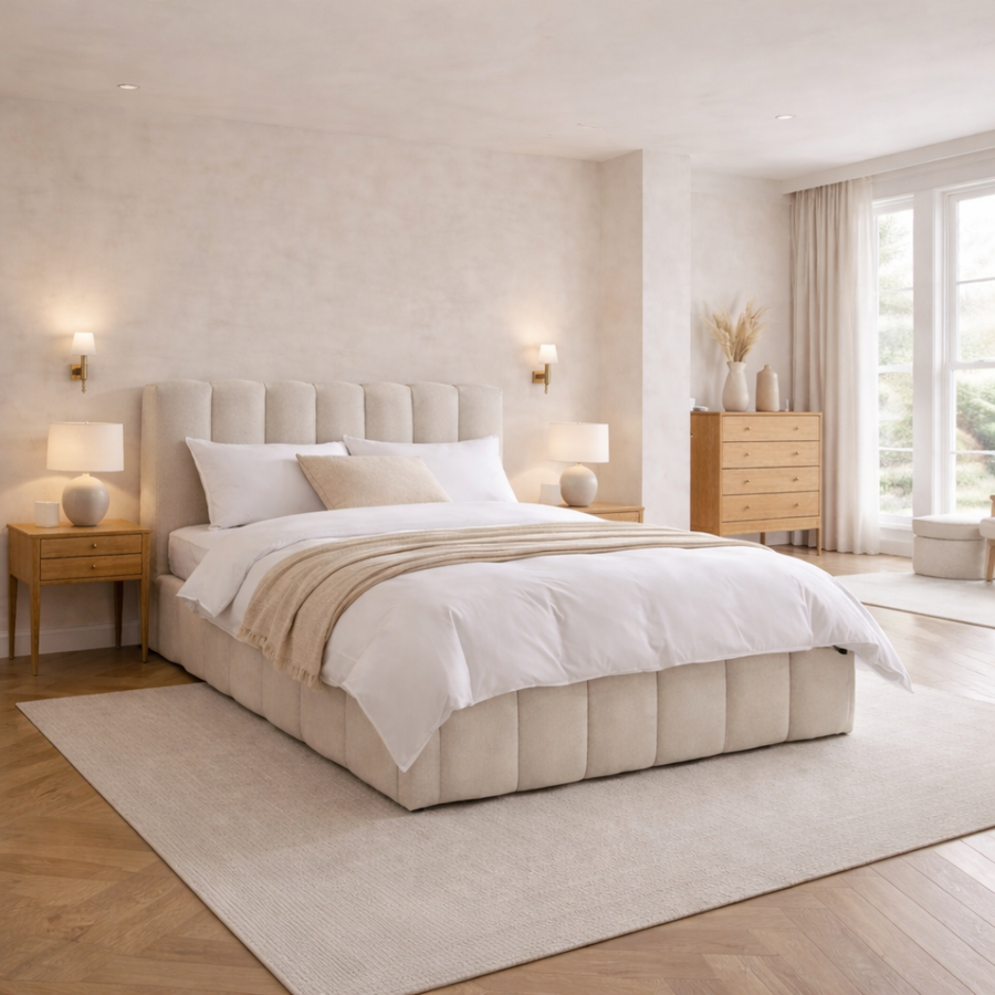 Jaasiel Beige Linen Ottoman Bed with Pillow Headboard - Dune