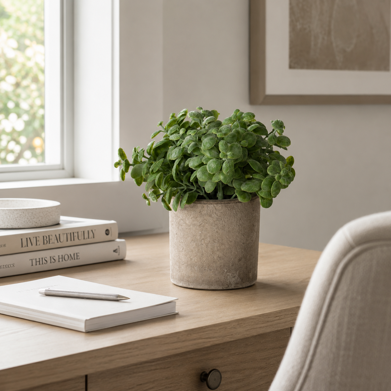Artificial Faux Basil Herb Plant Stone Pot | Kitchen UK