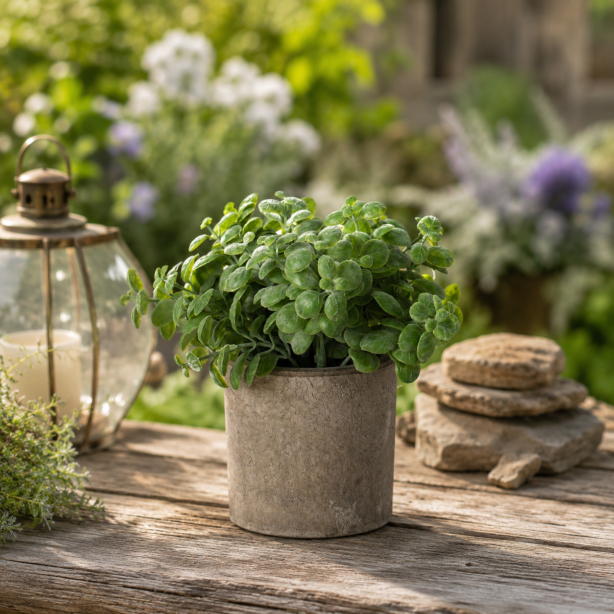 Artificial Faux Basil Herb Plant Stone Pot | Kitchen UK