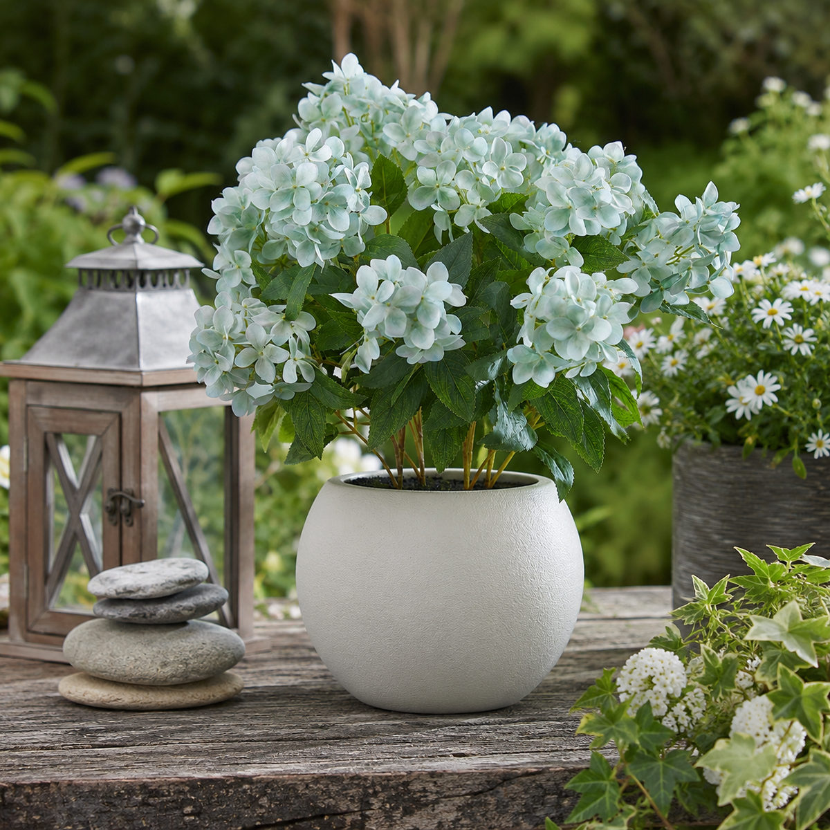 Artificial Faux Green Hellebore Plant Taupe Pot UK
