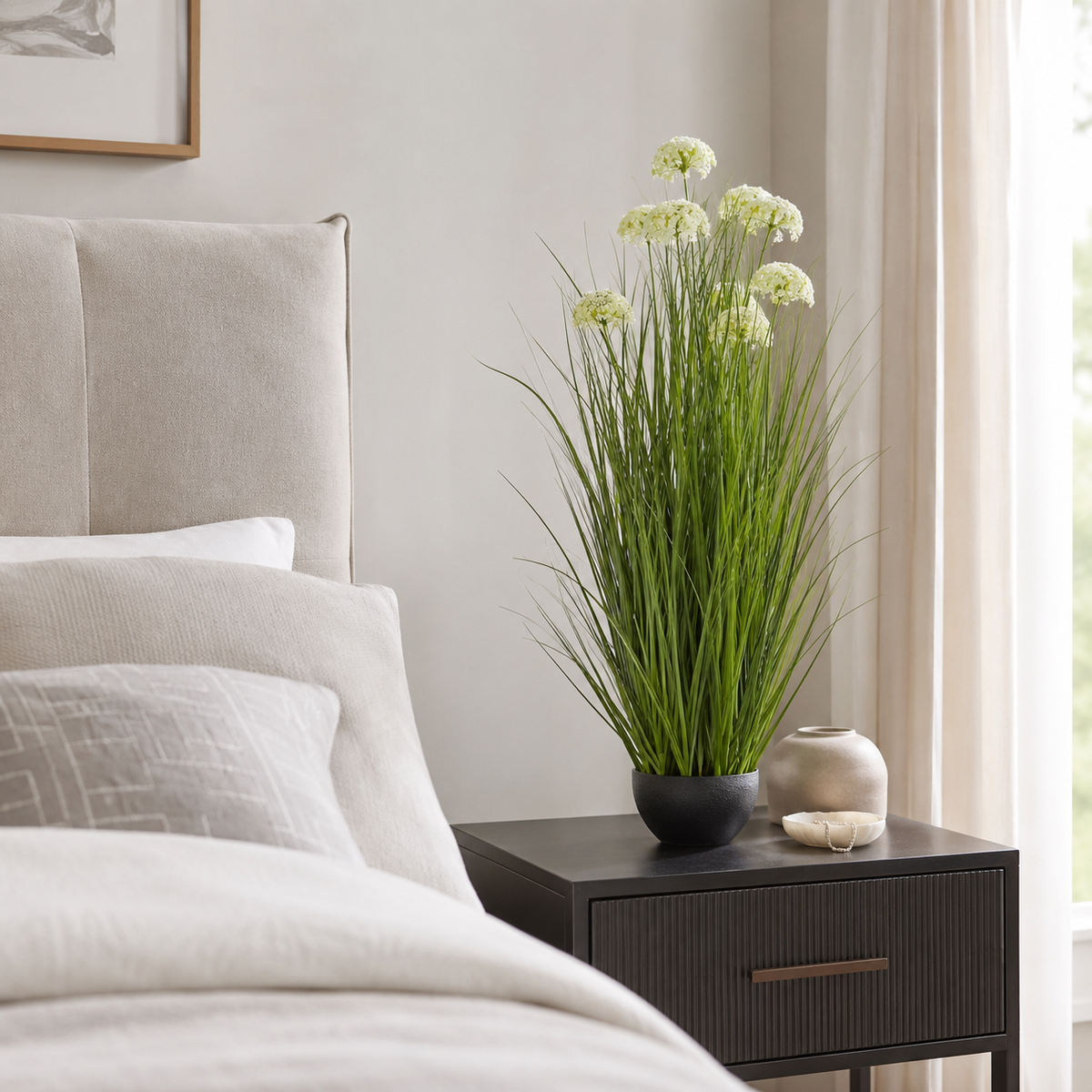 Artificial Faux White Allium Plant Black Pot | Tall UK