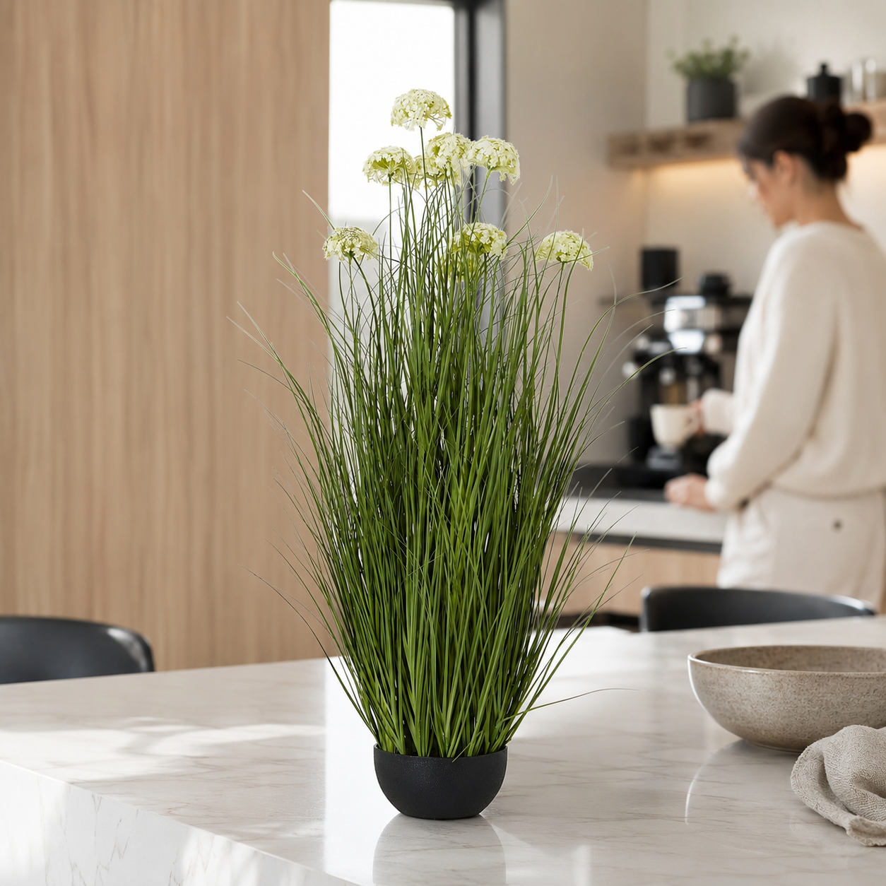 Artificial Faux White Allium Plant Black Pot | Tall UK