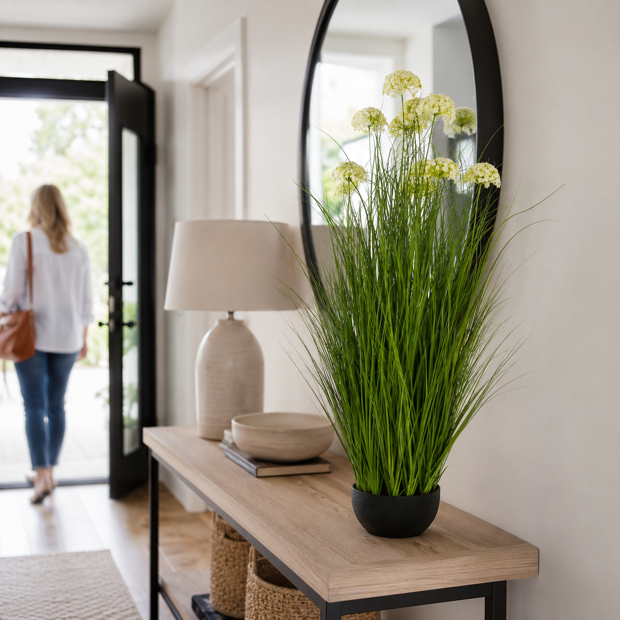 Artificial Faux White Allium Plant Black Pot | Tall UK