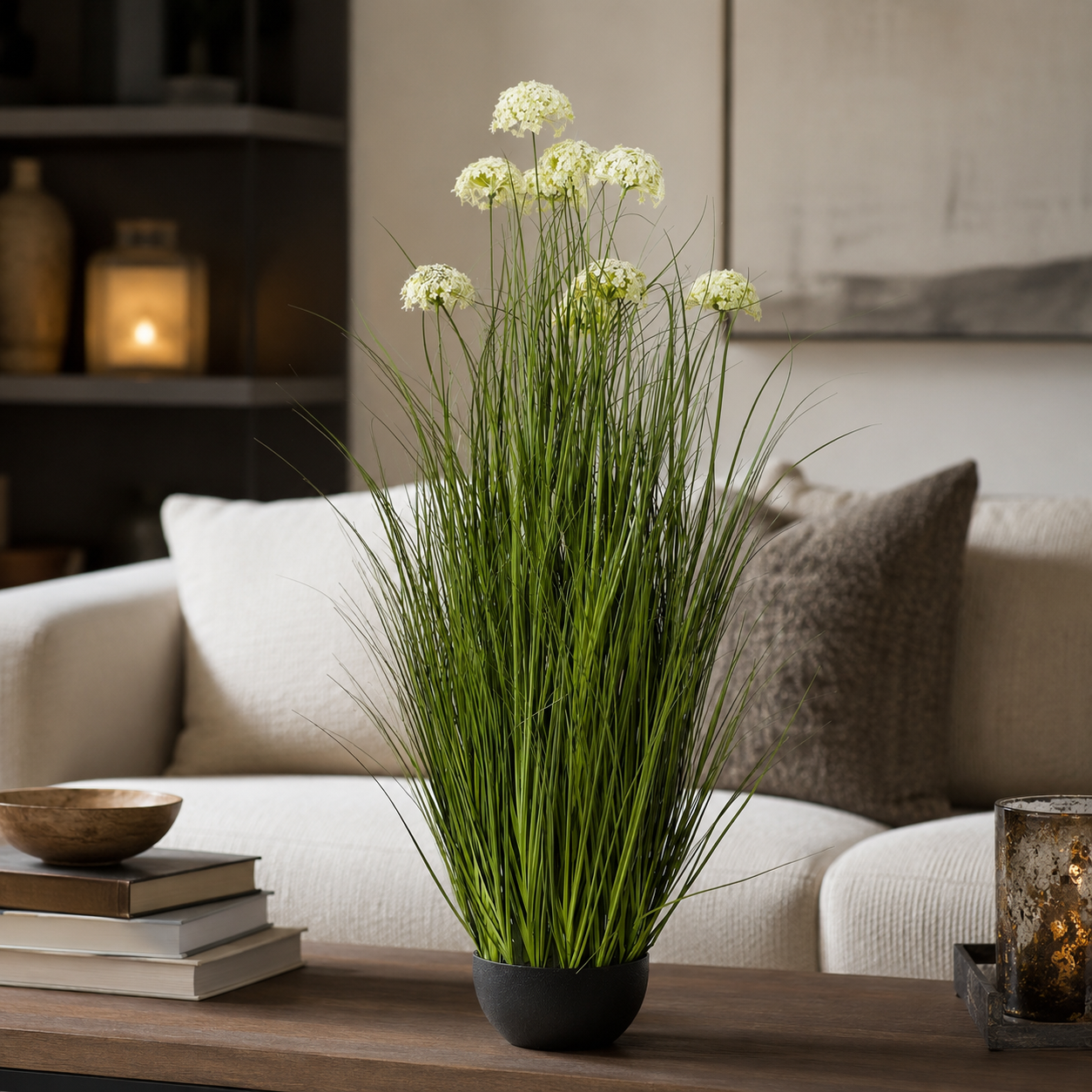 Artificial Faux White Allium Plant Black Pot | Tall UK