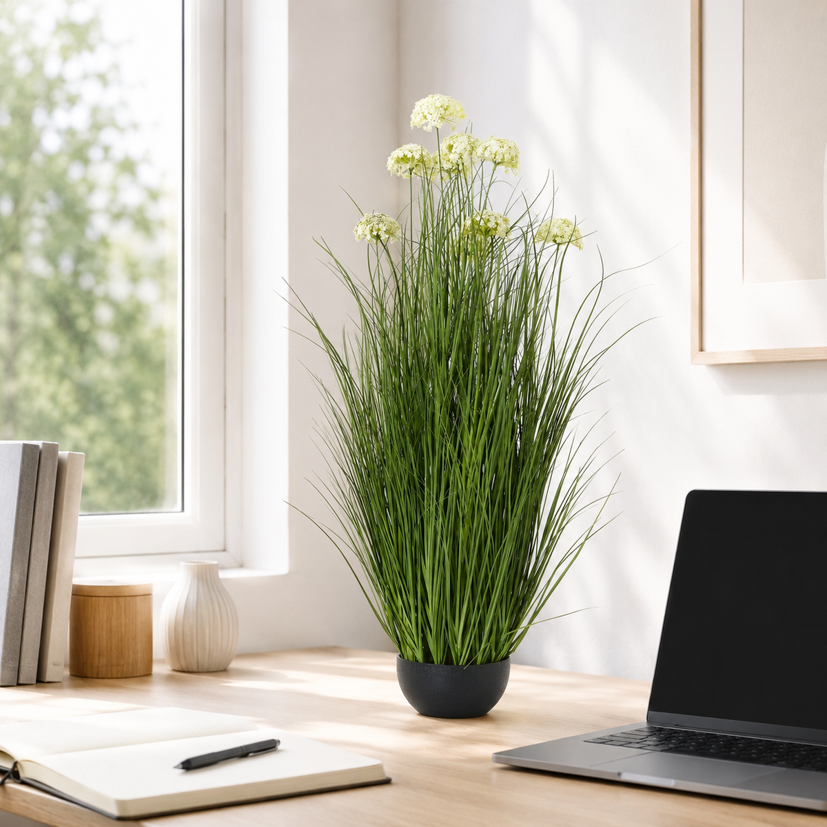 Artificial Faux White Allium Plant Black Pot | Tall UK