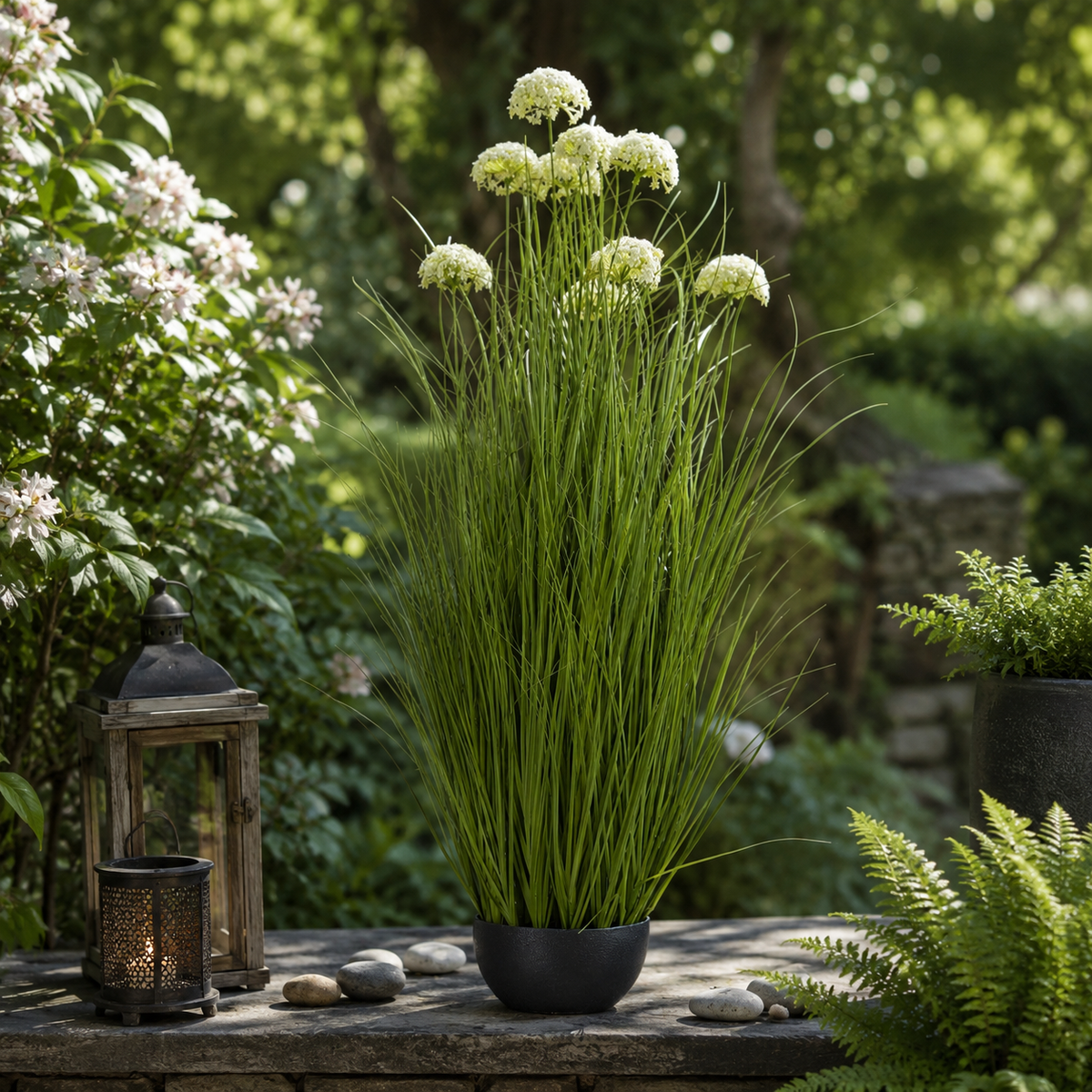 Artificial Faux White Allium Plant Black Pot | Tall UK