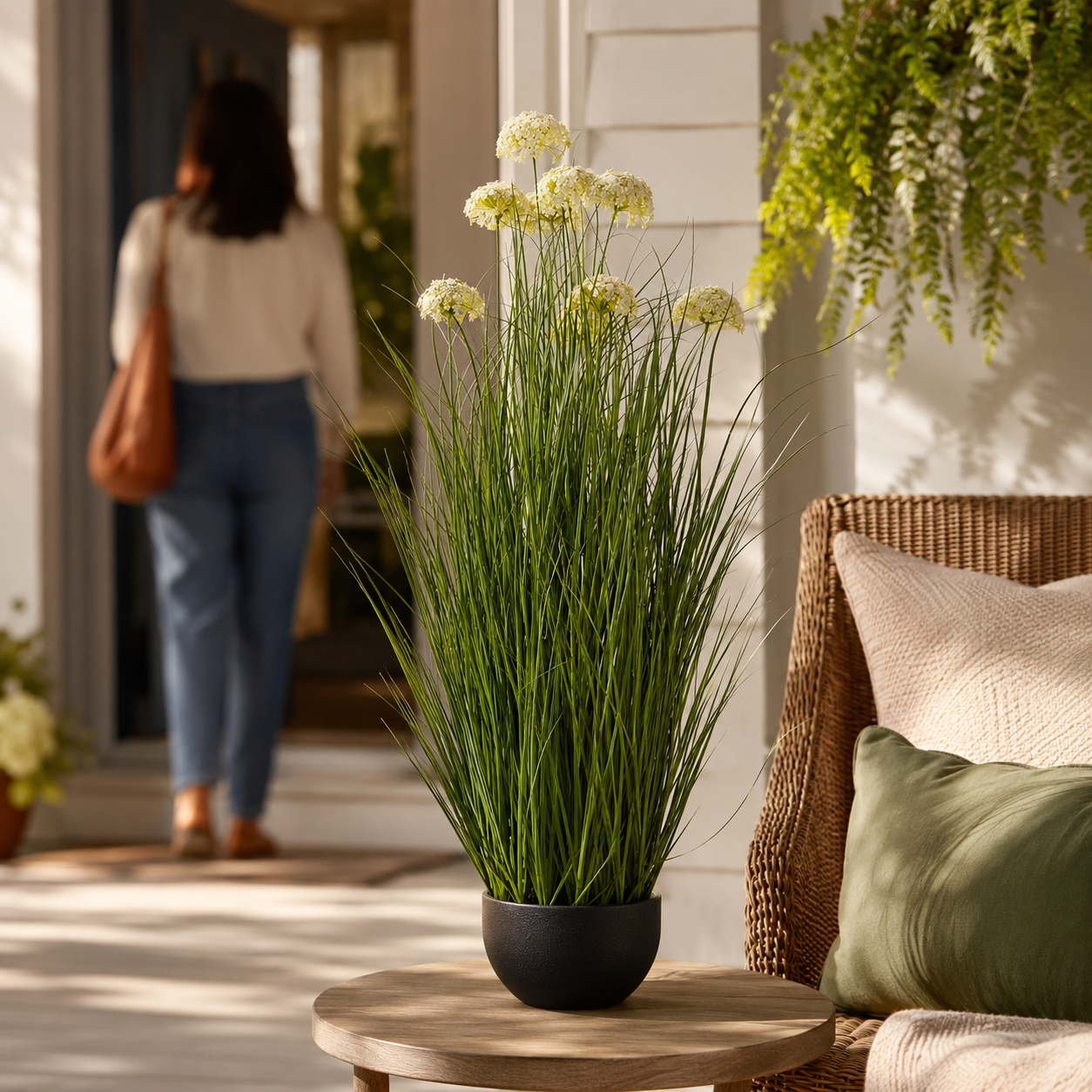 Artificial Faux White Allium Plant Black Pot | Tall UK