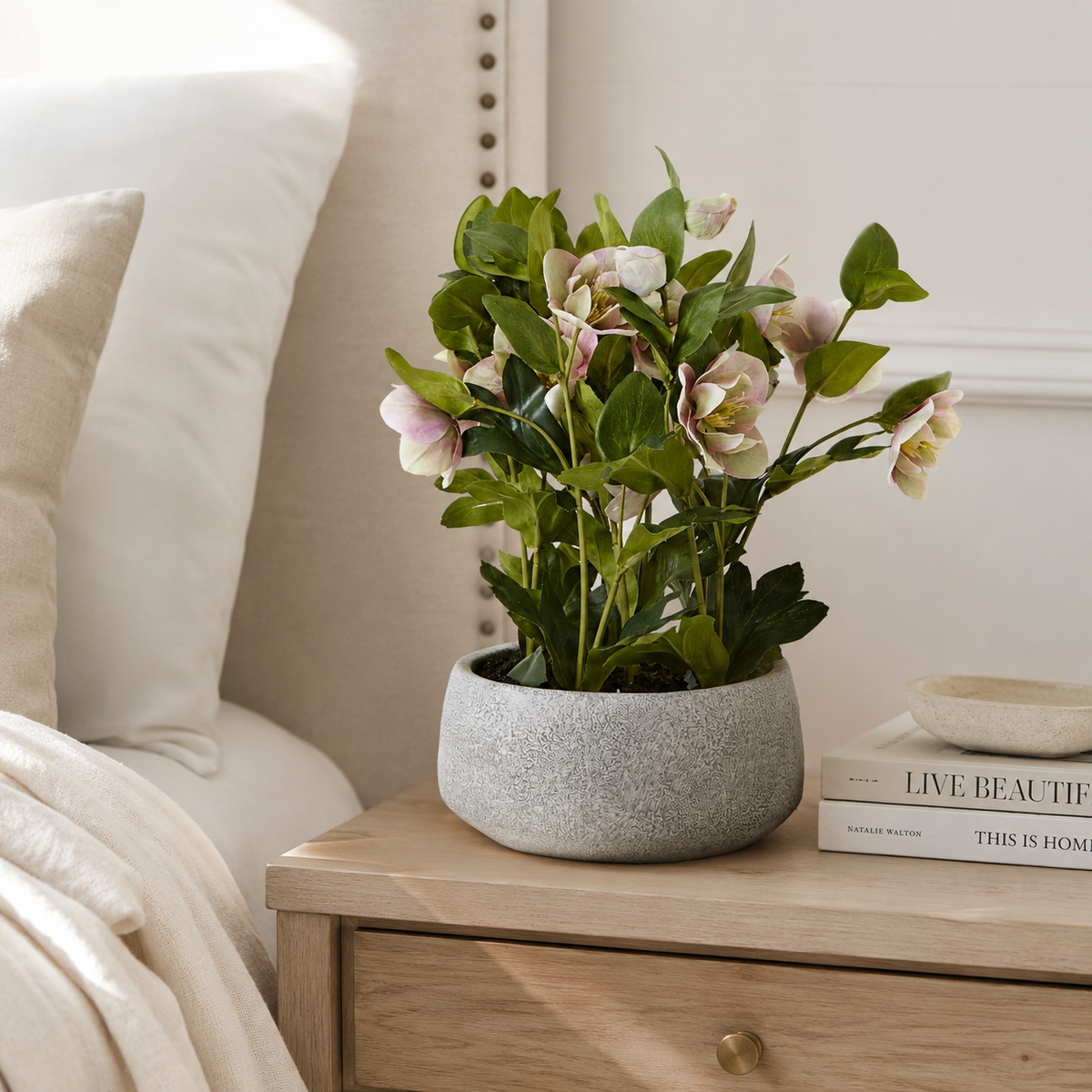 Artificial Faux Variegated Pink Hellebore Grey Pot UK