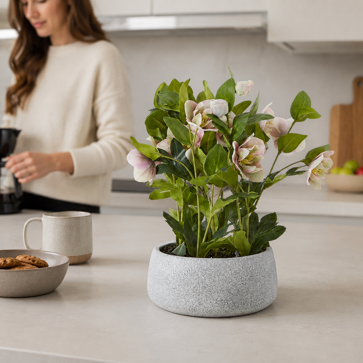 Artificial Faux Variegated Pink Hellebore Grey Pot UK