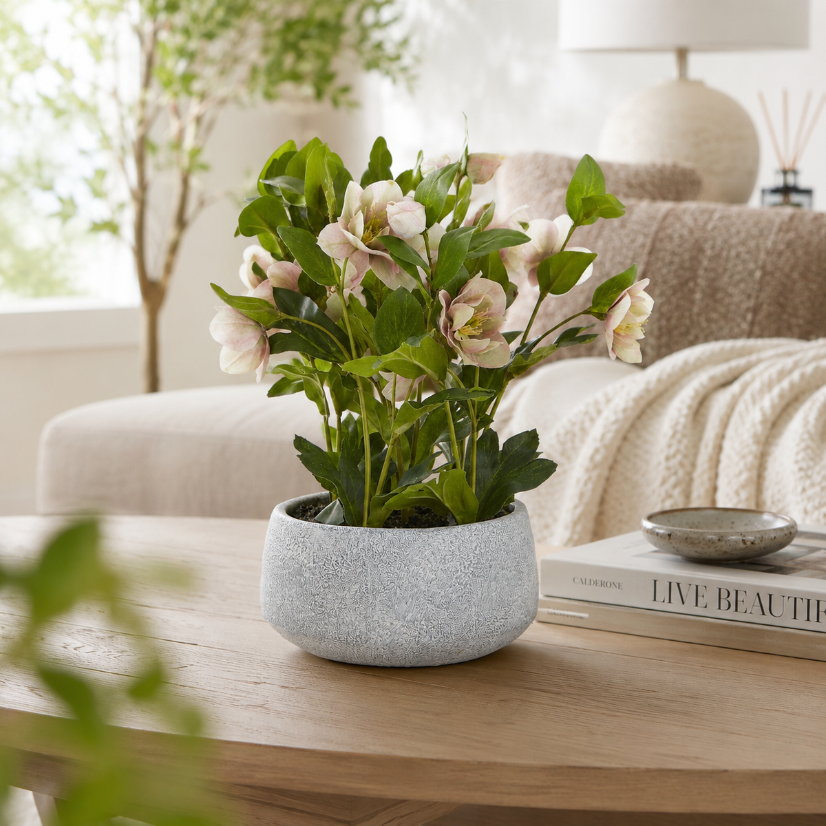 Artificial Faux Variegated Pink Hellebore Grey Pot UK