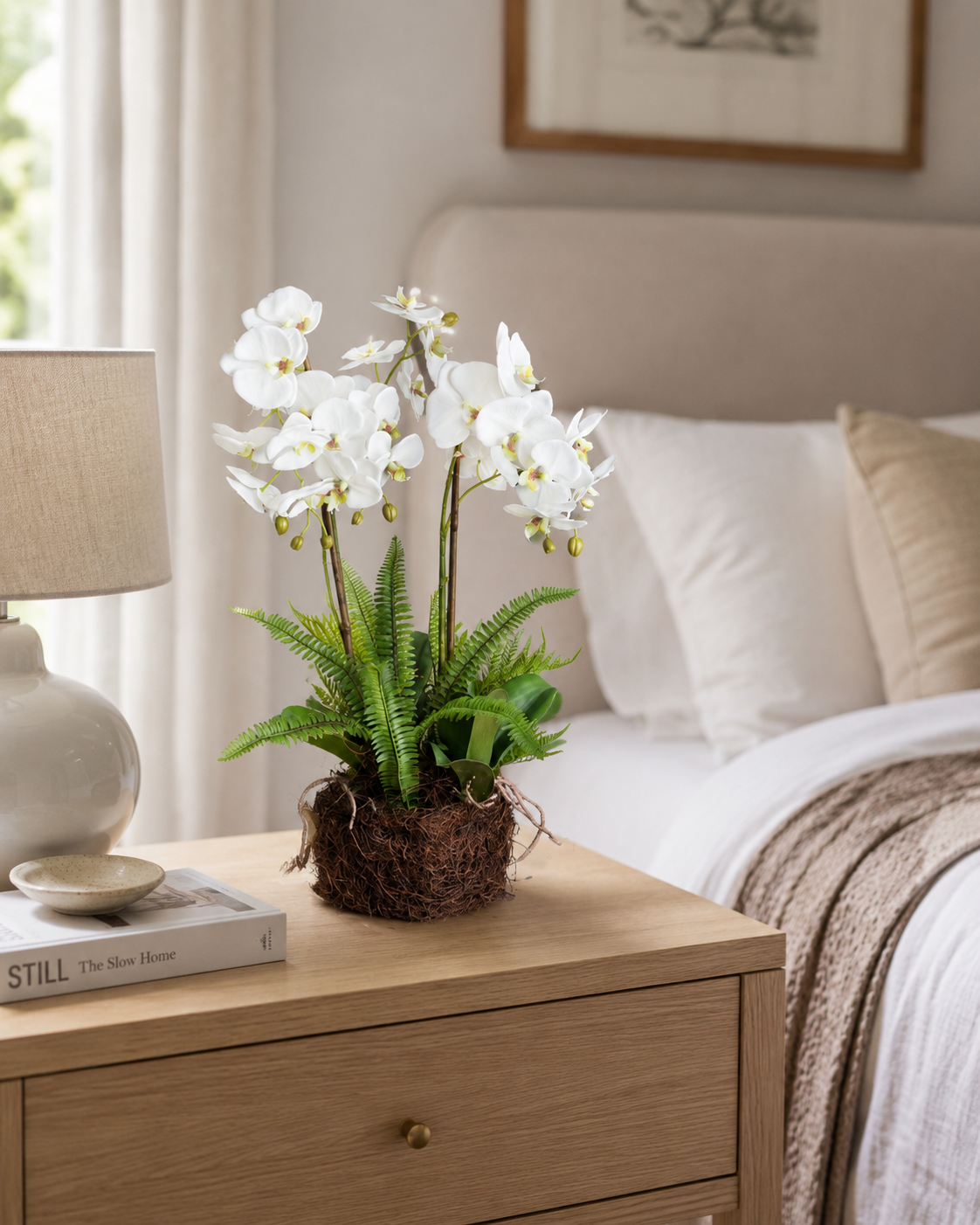 Artificial Faux White Orchid Fern Rootball Garden | Luxury UK