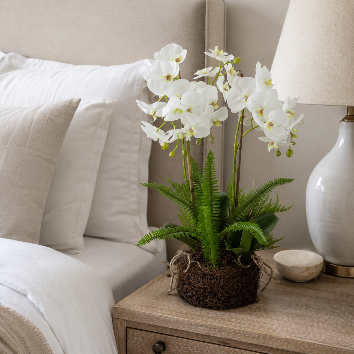 Artificial Faux White Orchid Fern Rootball Garden | Luxury UK