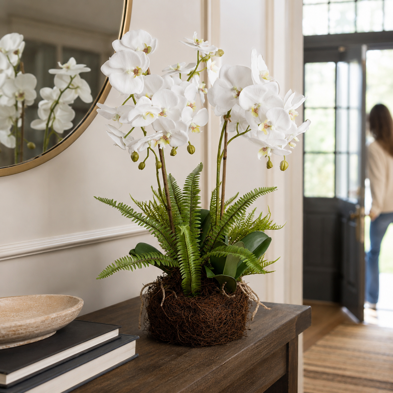 Artificial Faux White Orchid Fern Rootball Garden | Luxury UK