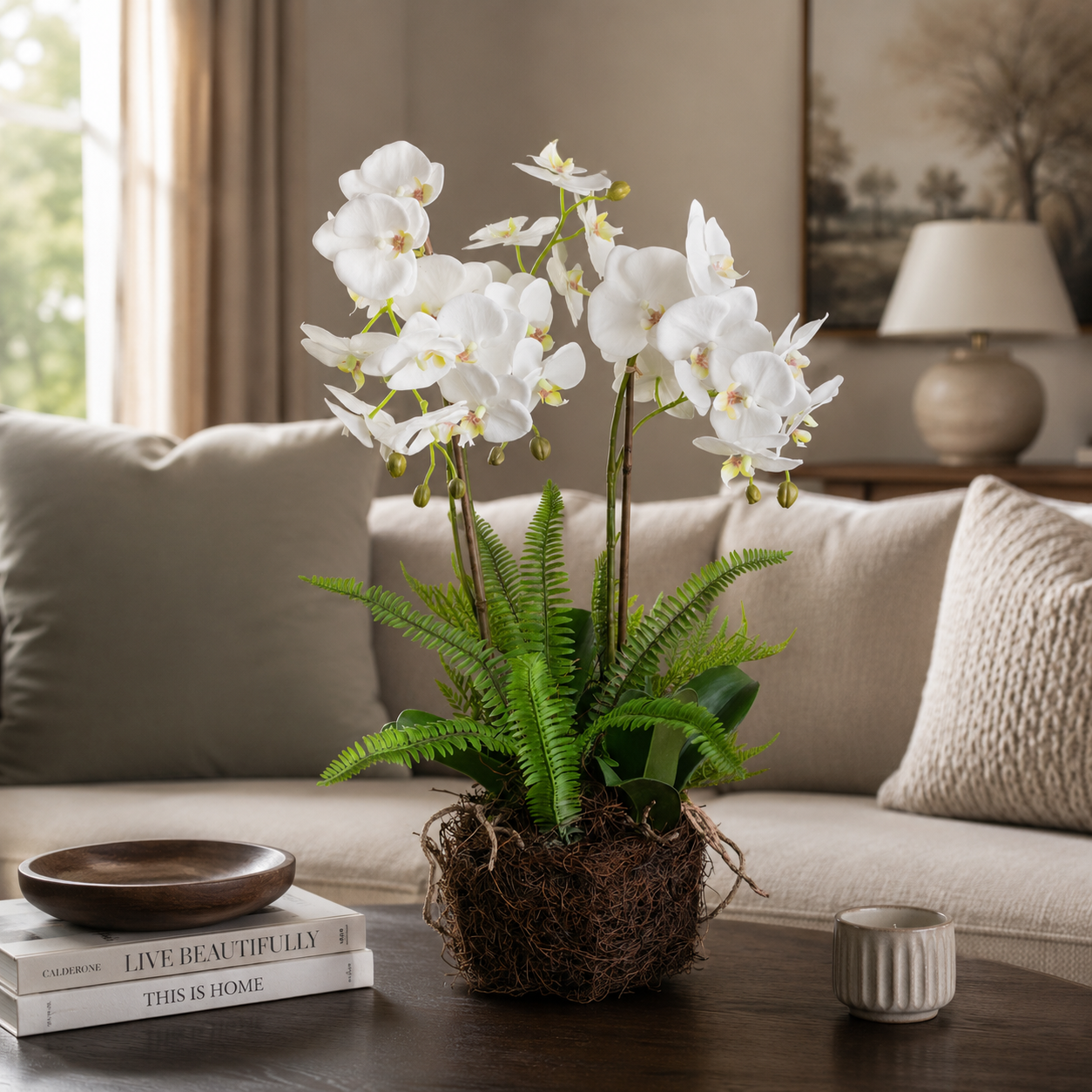 Artificial Faux White Orchid Fern Rootball Garden | Luxury UK