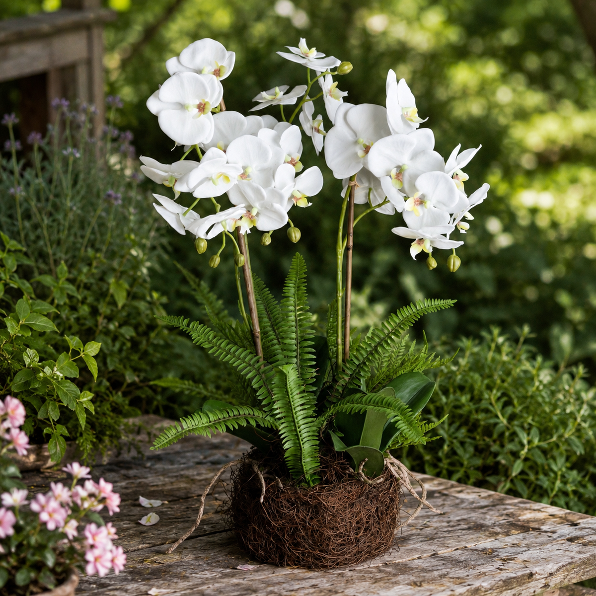 Artificial Faux White Orchid Fern Rootball Garden | Luxury UK