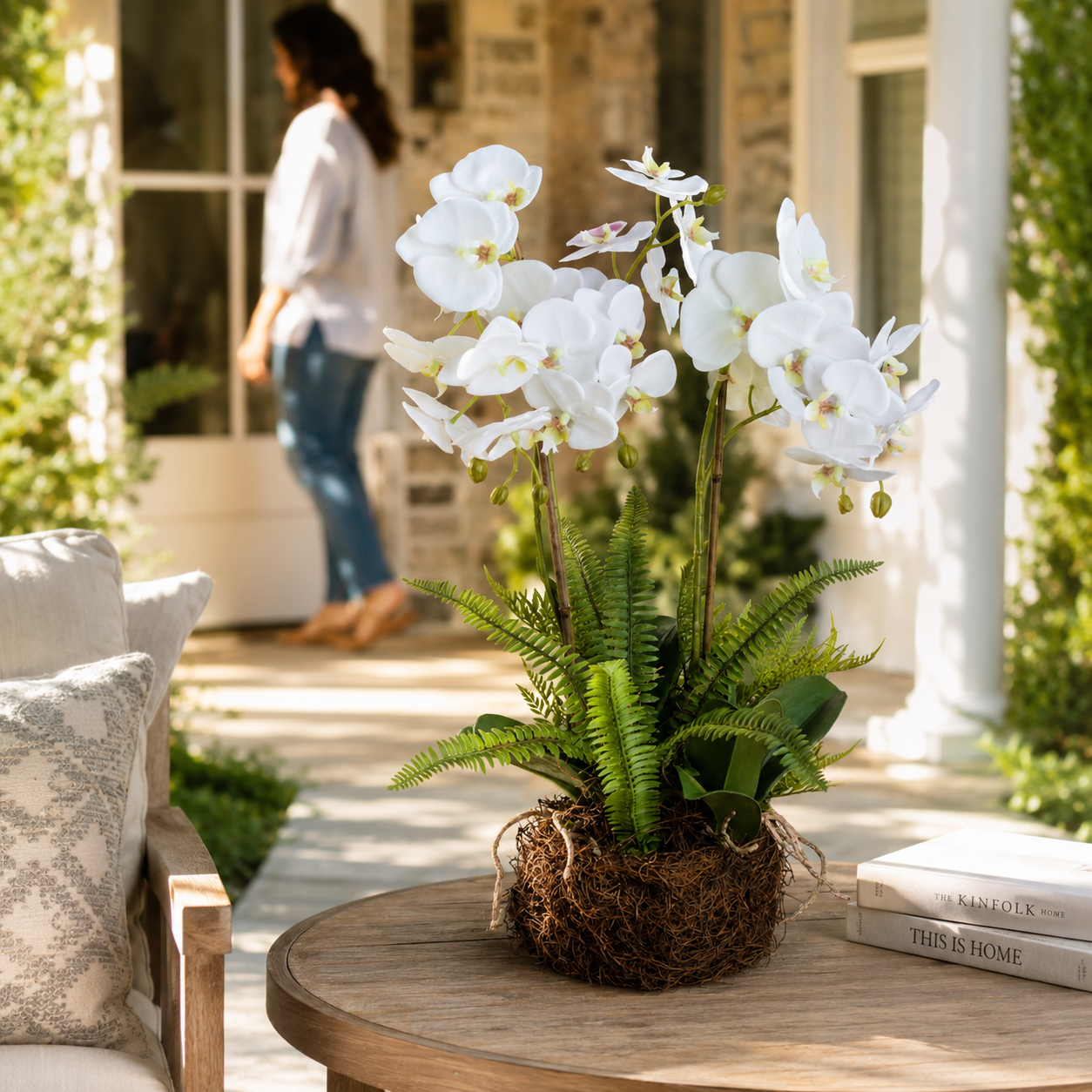 Artificial Faux White Orchid Fern Rootball Garden | Luxury UK