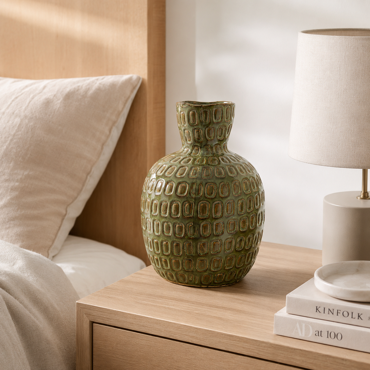 Ceramic Textured Salome Large Green Vase | Stoneware UK