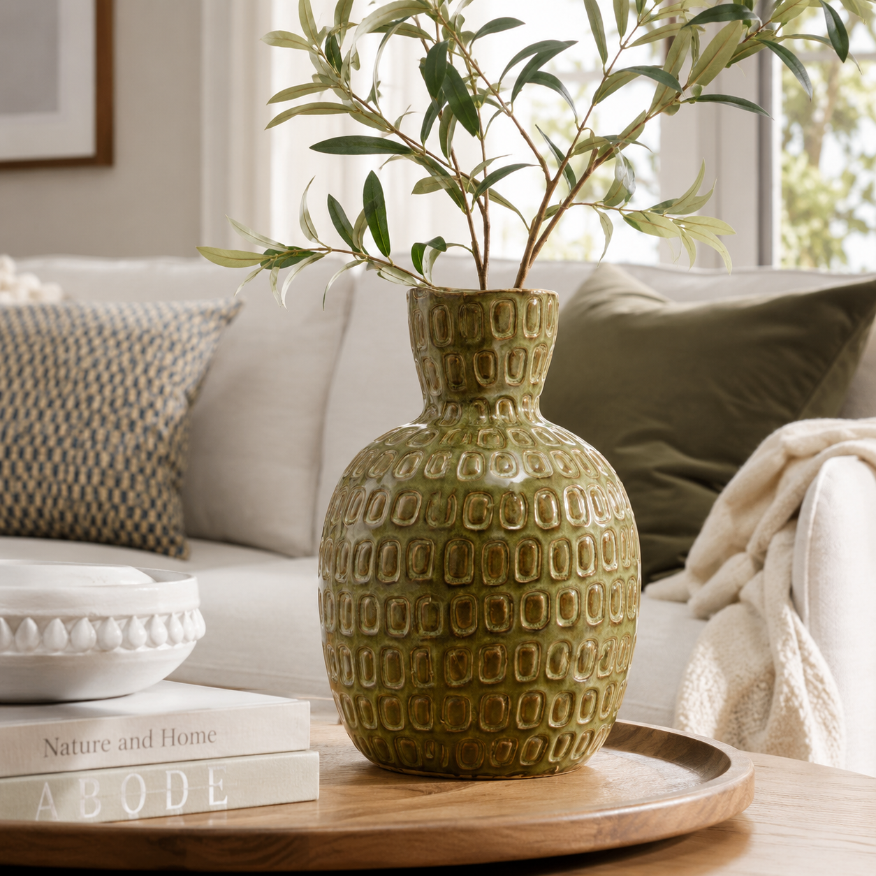 Ceramic Textured Salome Large Green Vase | Stoneware UK