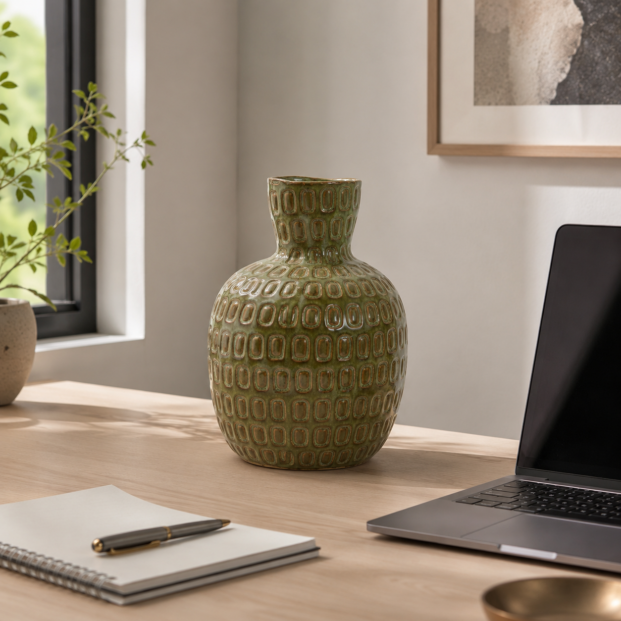 Ceramic Textured Salome Large Green Vase | Stoneware UK