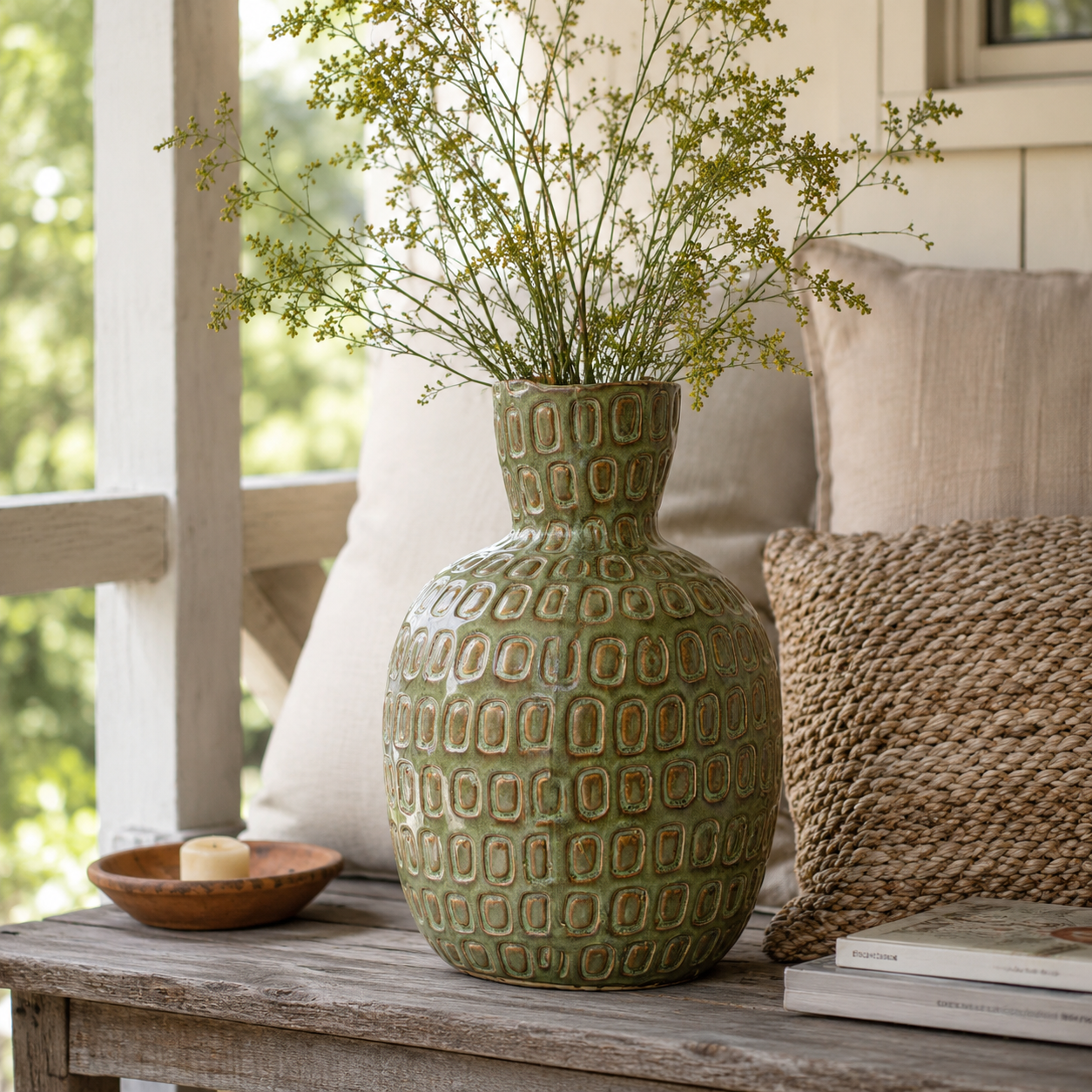 Ceramic Textured Salome Large Green Vase | Stoneware UK