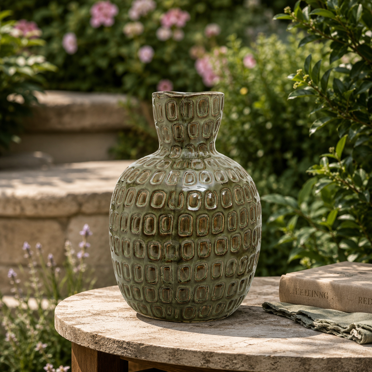 Ceramic Textured Salome Large Green Vase | Stoneware UK