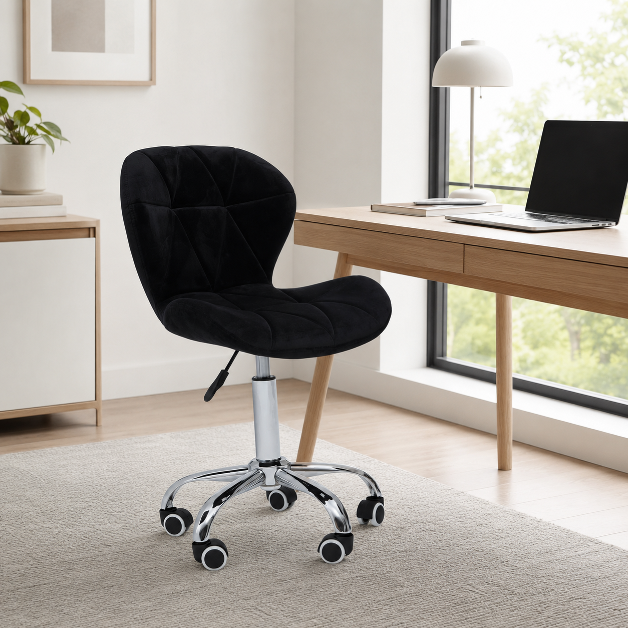 Velvet Quilted Black Home Office Chair | Chrome Base UK