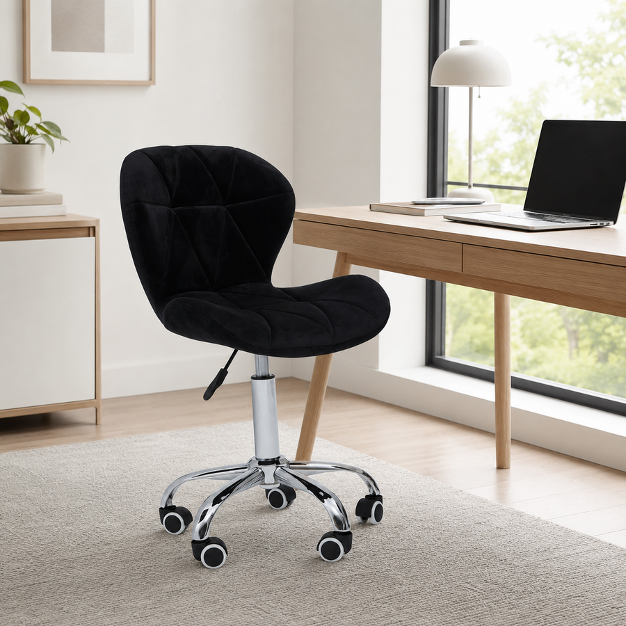 Velvet Quilted Black Home Office Chair | Chrome Base UK