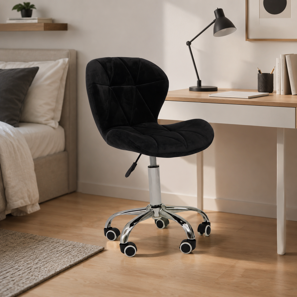 Velvet Quilted Black Home Office Chair | Chrome Base UK