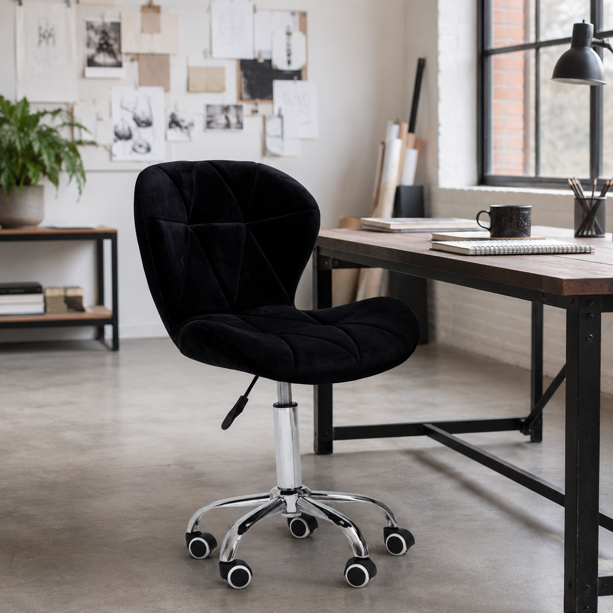 Velvet Quilted Black Home Office Chair | Chrome Base UK