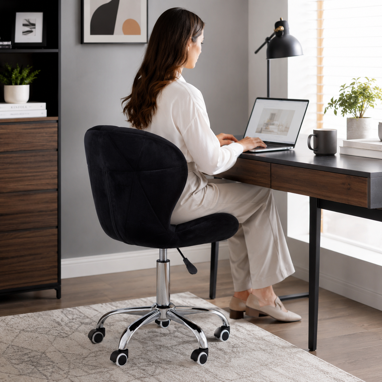 Velvet Quilted Black Home Office Chair | Chrome Base UK