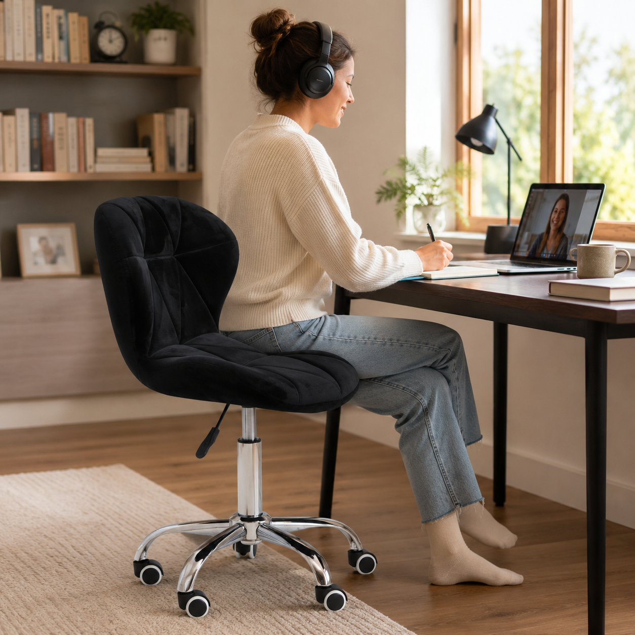 Velvet Quilted Black Home Office Chair | Chrome Base UK