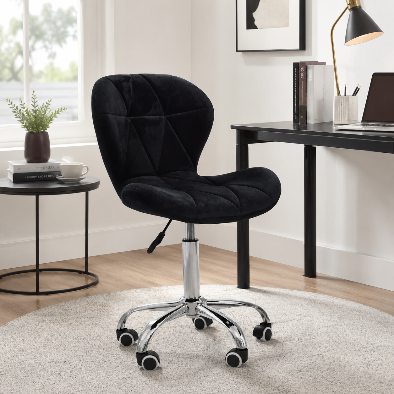 Velvet Quilted Black Home Office Chair | Chrome Base UK