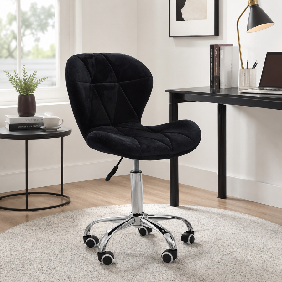 Velvet Quilted Black Home Office Chair | Chrome Base UK