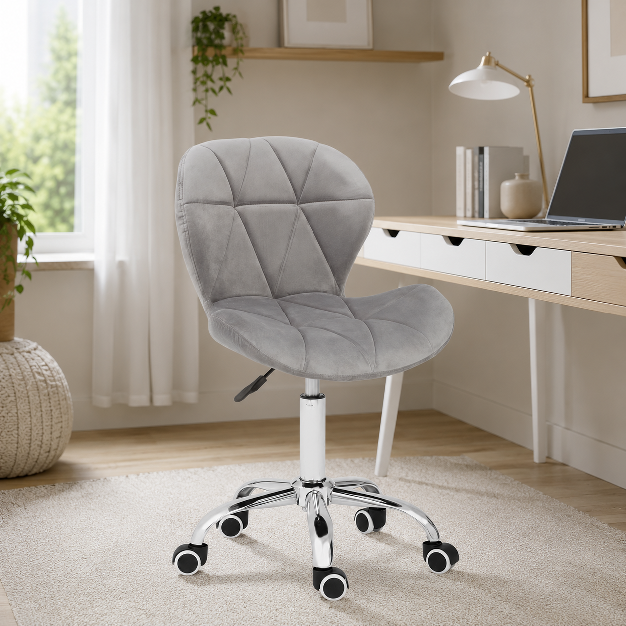 Velvet Quilted Kayla Grey Home Office Chair | Chrome Base UK