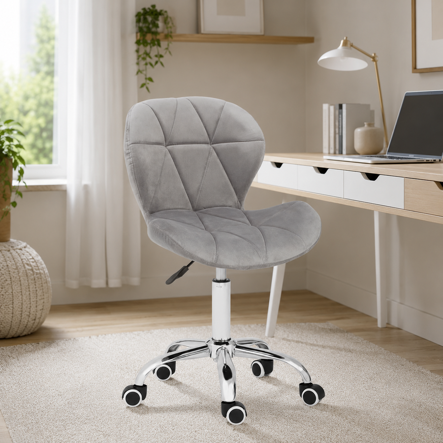Velvet Quilted Kayla Grey Home Office Chair | Chrome Base UK