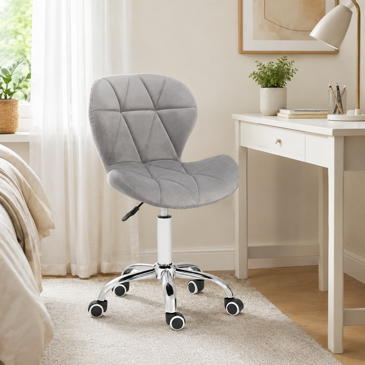 Velvet Quilted Kayla Grey Home Office Chair | Chrome Base UK