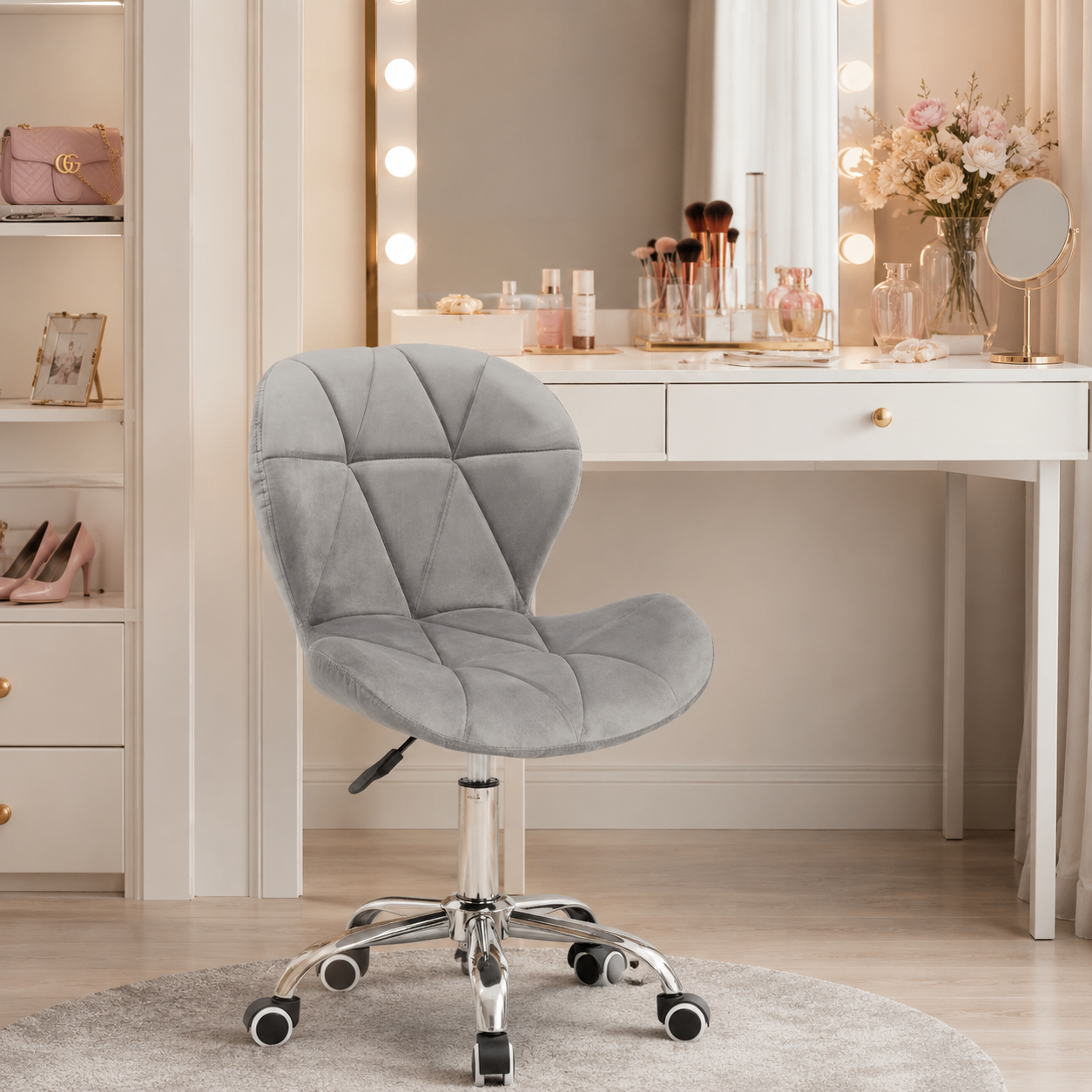 Velvet Quilted Kayla Grey Home Office Chair | Chrome Base UK
