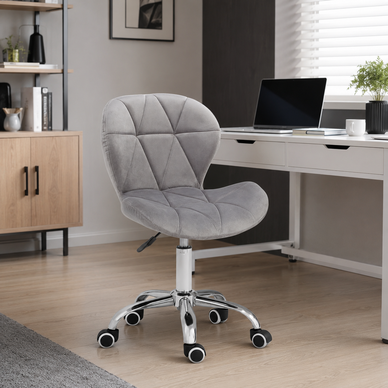 Velvet Quilted Kayla Grey Home Office Chair | Chrome Base UK