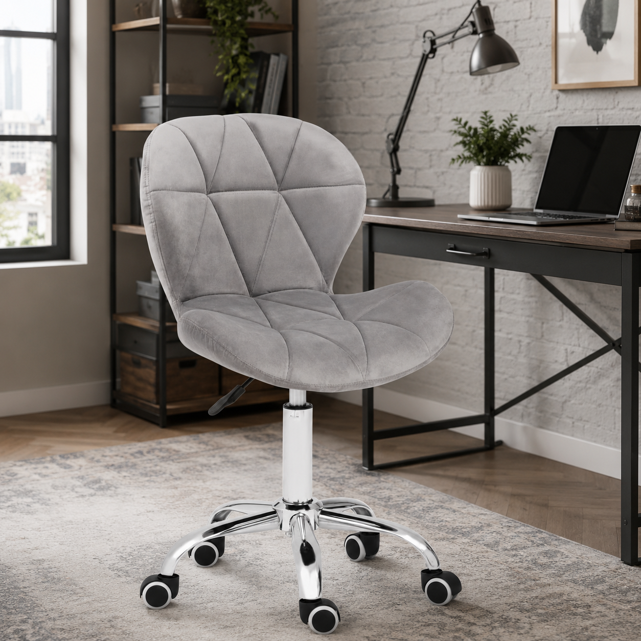 Velvet Quilted Kayla Grey Home Office Chair | Chrome Base UK