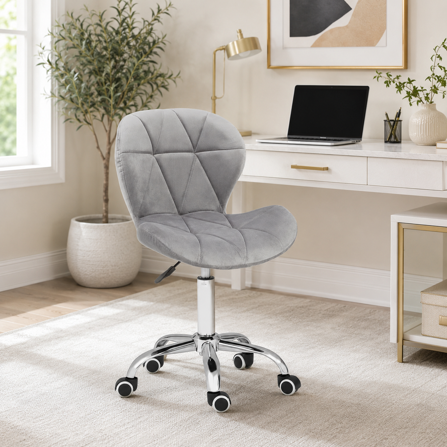 Velvet Quilted Kayla Grey Home Office Chair | Chrome Base UK
