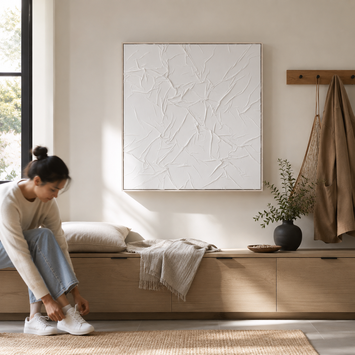 Fabric Sculptural White Hand-Painted Wall Art | Textured UK