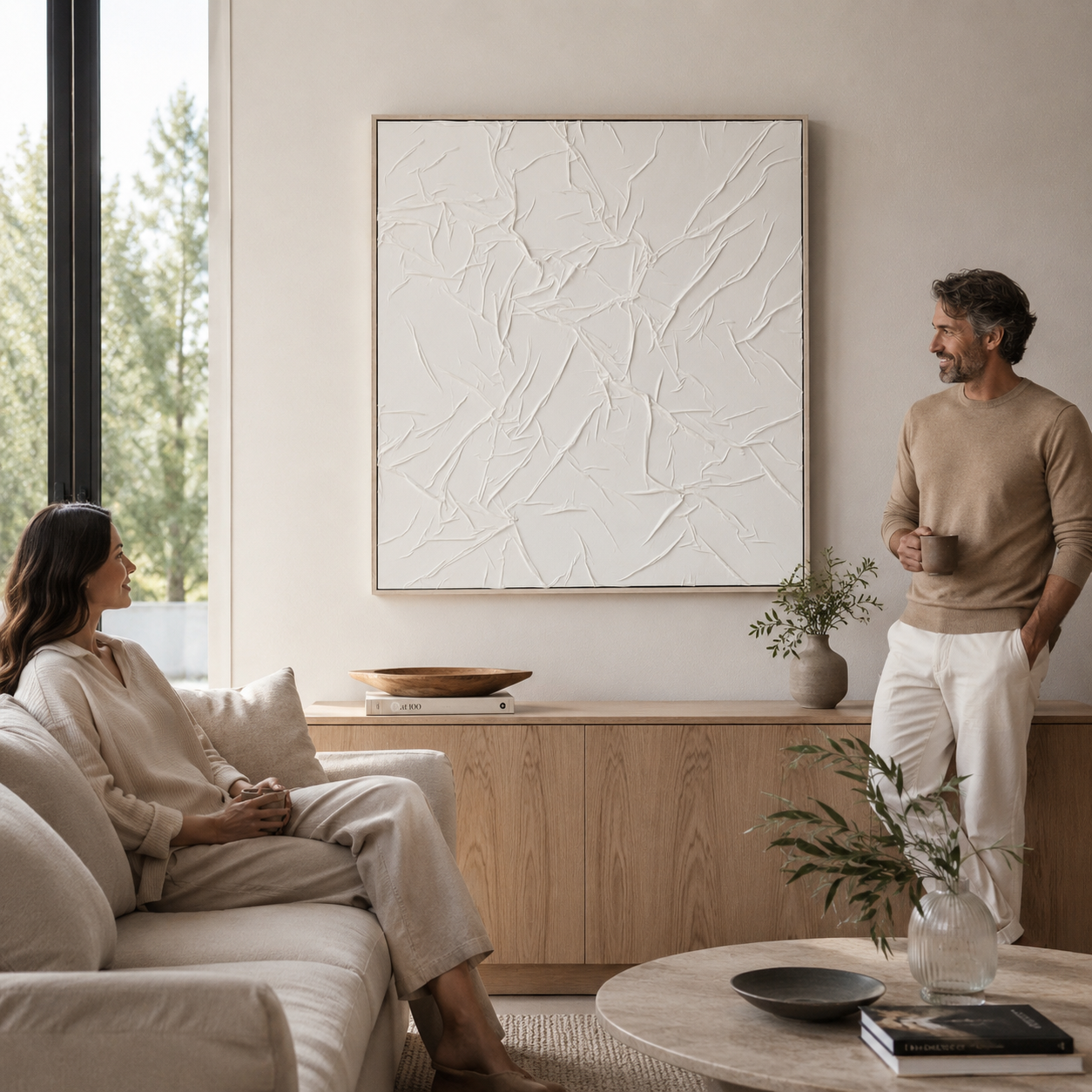 Fabric Sculptural White Hand-Painted Wall Art | Textured UK