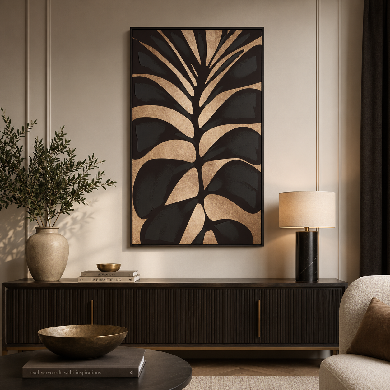 Canvas Gold Leaf Design Black Wall Art | Pine Frame UK