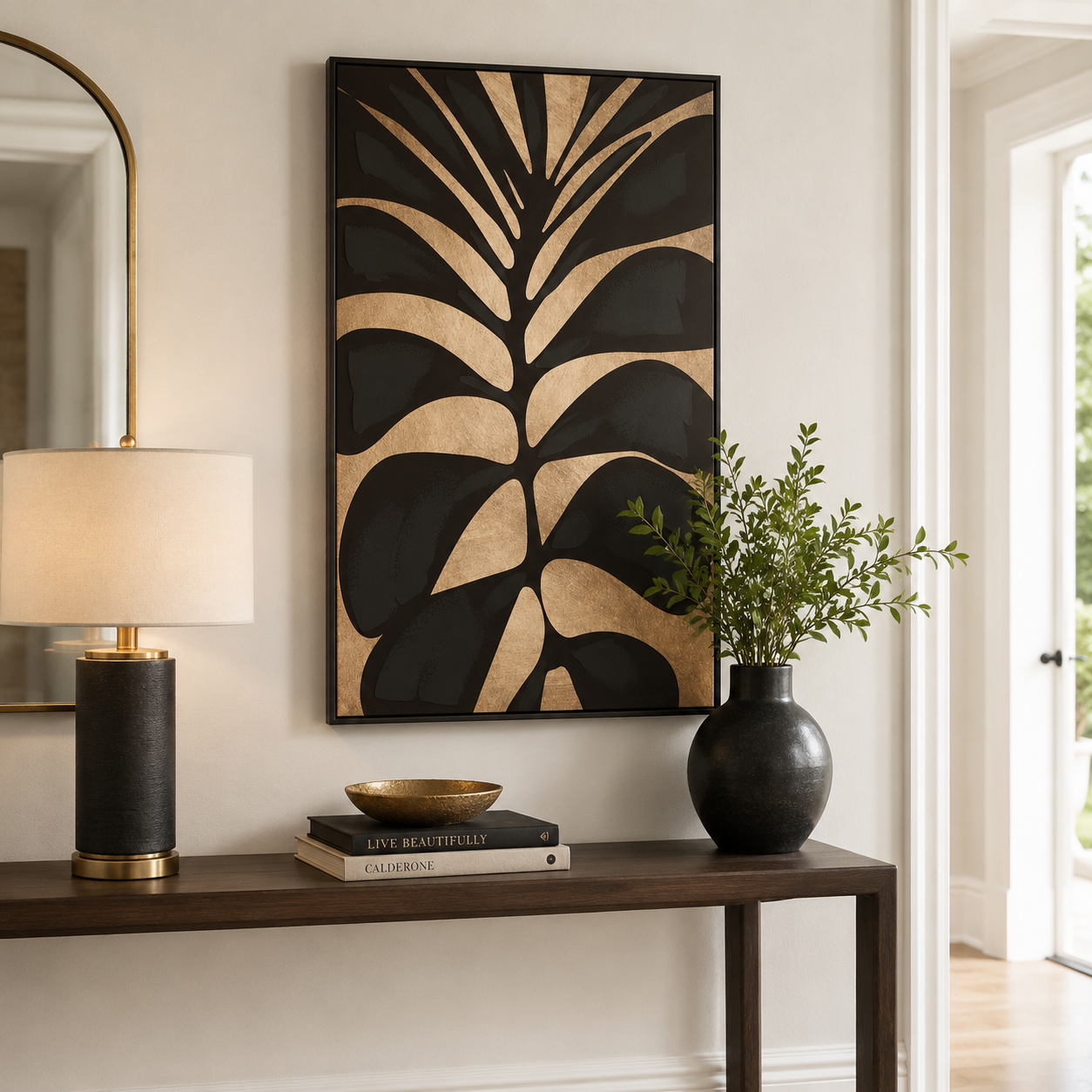Canvas Gold Leaf Design Black Wall Art | Pine Frame UK